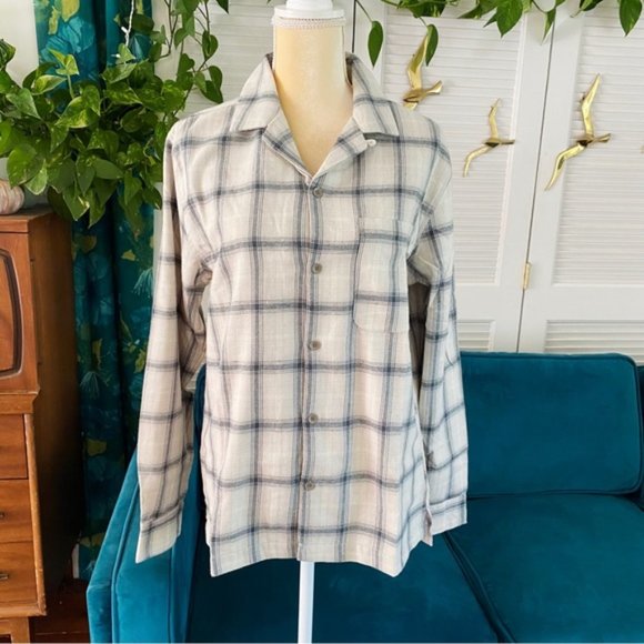 Urban Outfitters Men’s Standard Cloth Flannel Collar Shirt Cream Plaid New Small - Picture 4 of 15